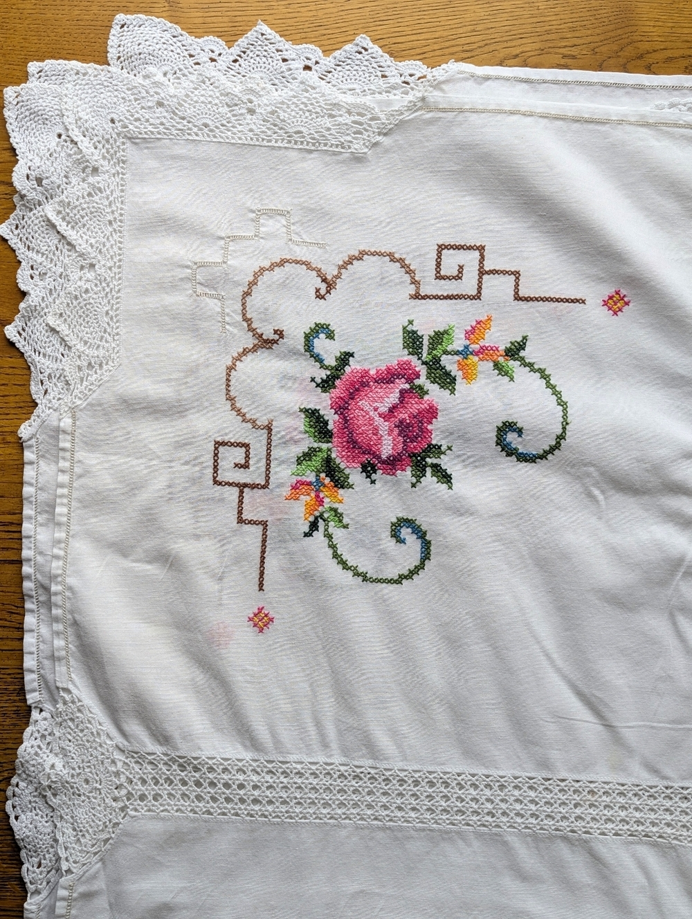 Vintage Cotton Tablecloth Hand Cross Stitch Floral Roses & Lace Trim 82x64" Embr